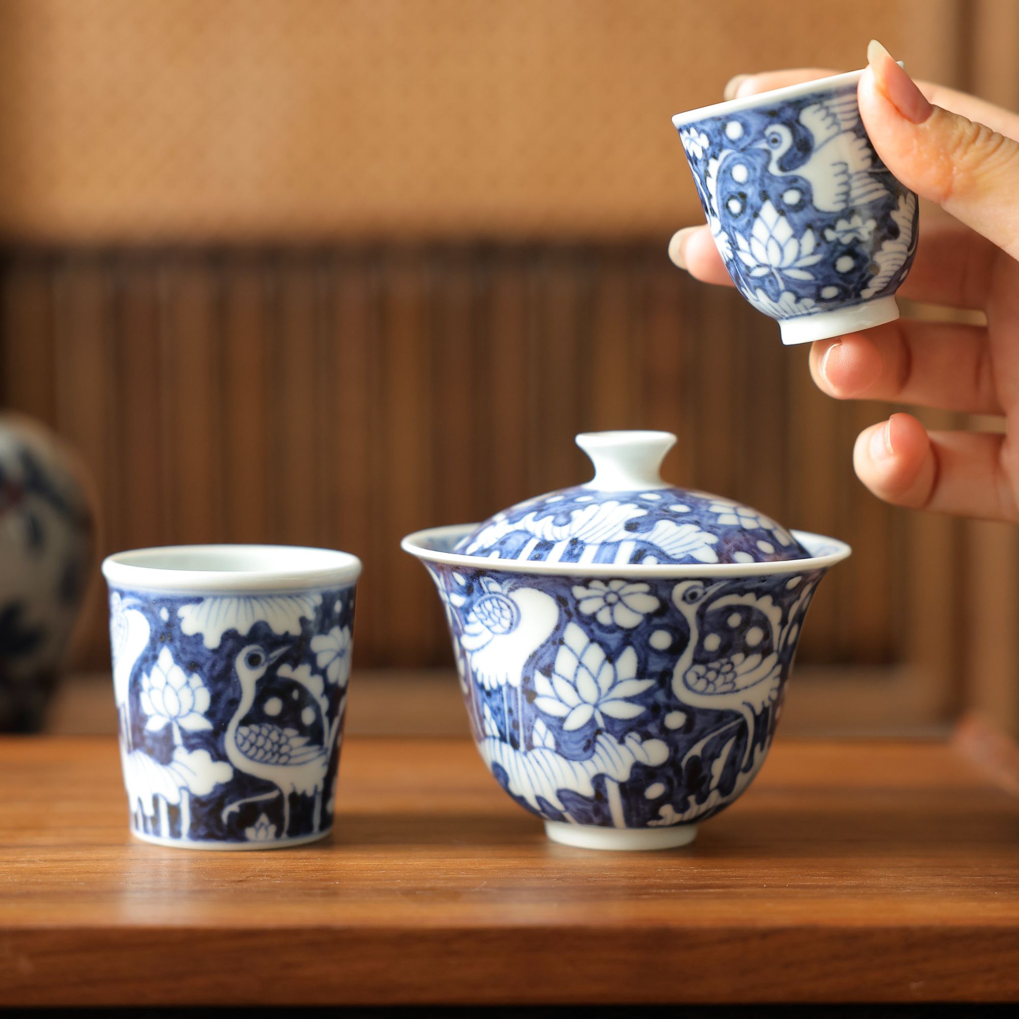 茶圈大魔王茶器景德镇纯手绘元岚堂元青花薄胎一鹭连科盖碗/杯子