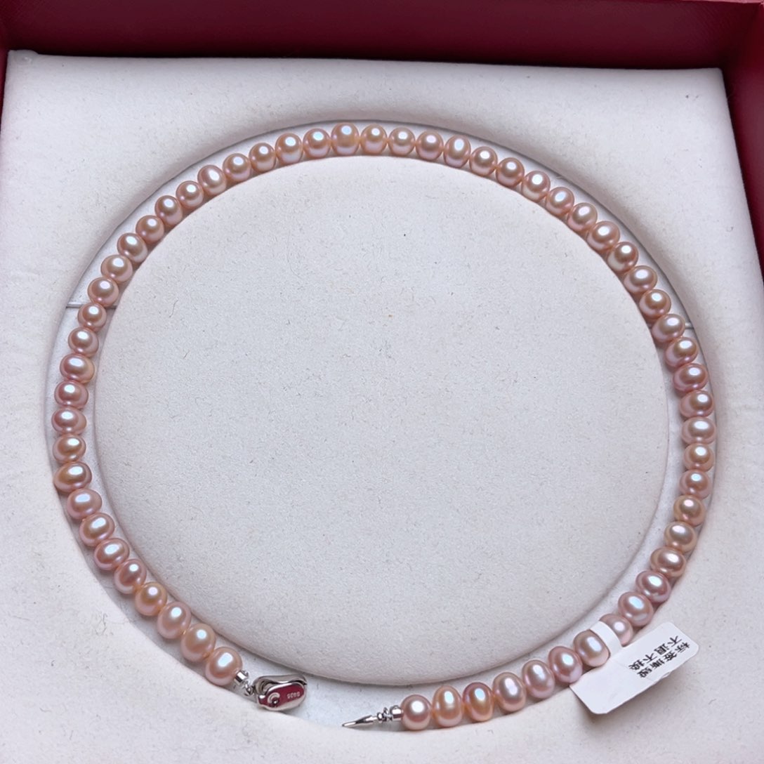 淡水珍珠颈饰银S925镶嵌不***卜7-8mm极光粉