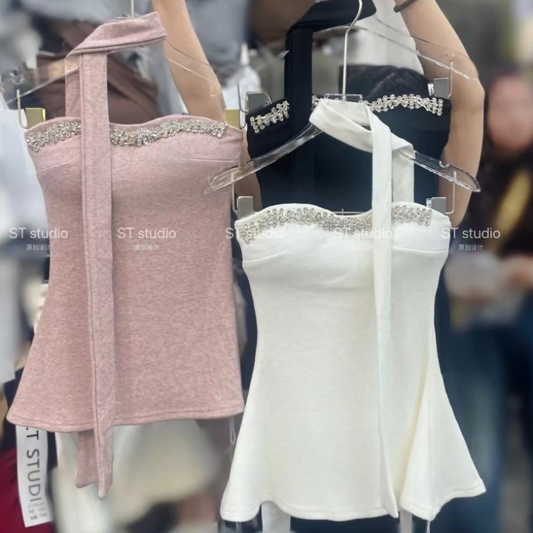 法式时尚烫钻带胸垫飘带抹胸背心女秋冬内搭裹胸上衣