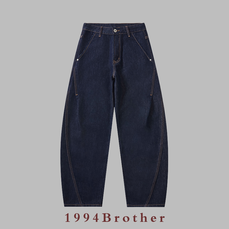 冬季加绒水洗拼接阔腿裤弯刀裤牛仔裤男士高街做旧复古休闲时尚