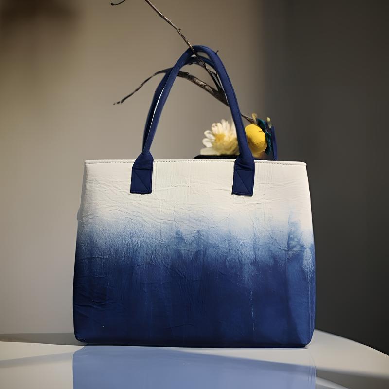 布依垚手提包公文包超大容量蓝染渐变民族风文艺复古扎染单肩包