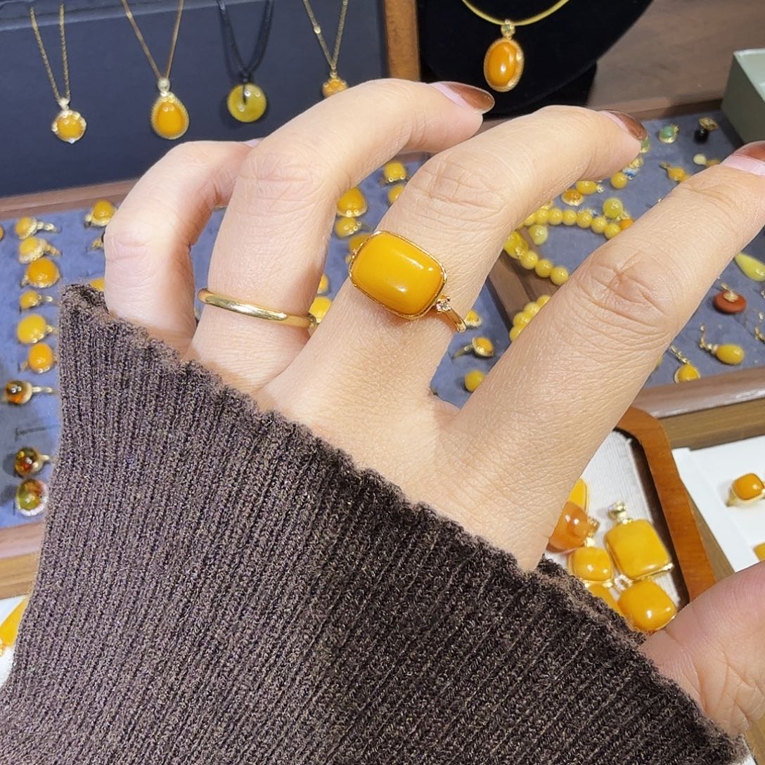 蜜蜡银S925镀金镶嵌戒指