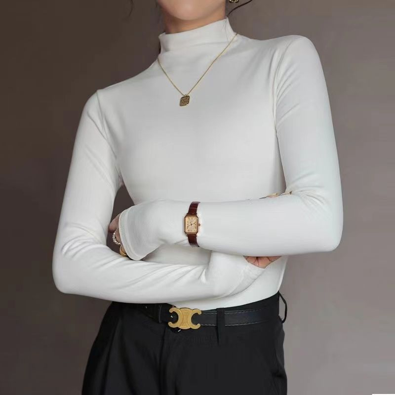 百搭时尚半高领德绒打底衫保暖女春秋冬内搭长袖T恤双面磨毛加绒