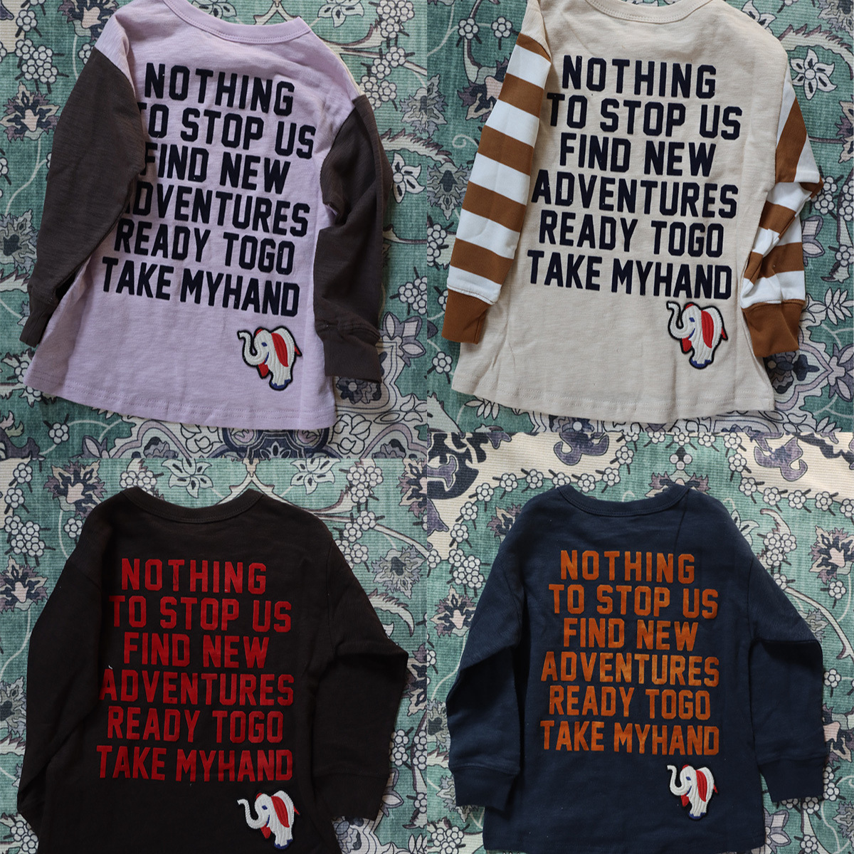 DD童装 四色入 25年 植绒印花大象 竹节长袖 T恤 撞色条纹长袖T恤