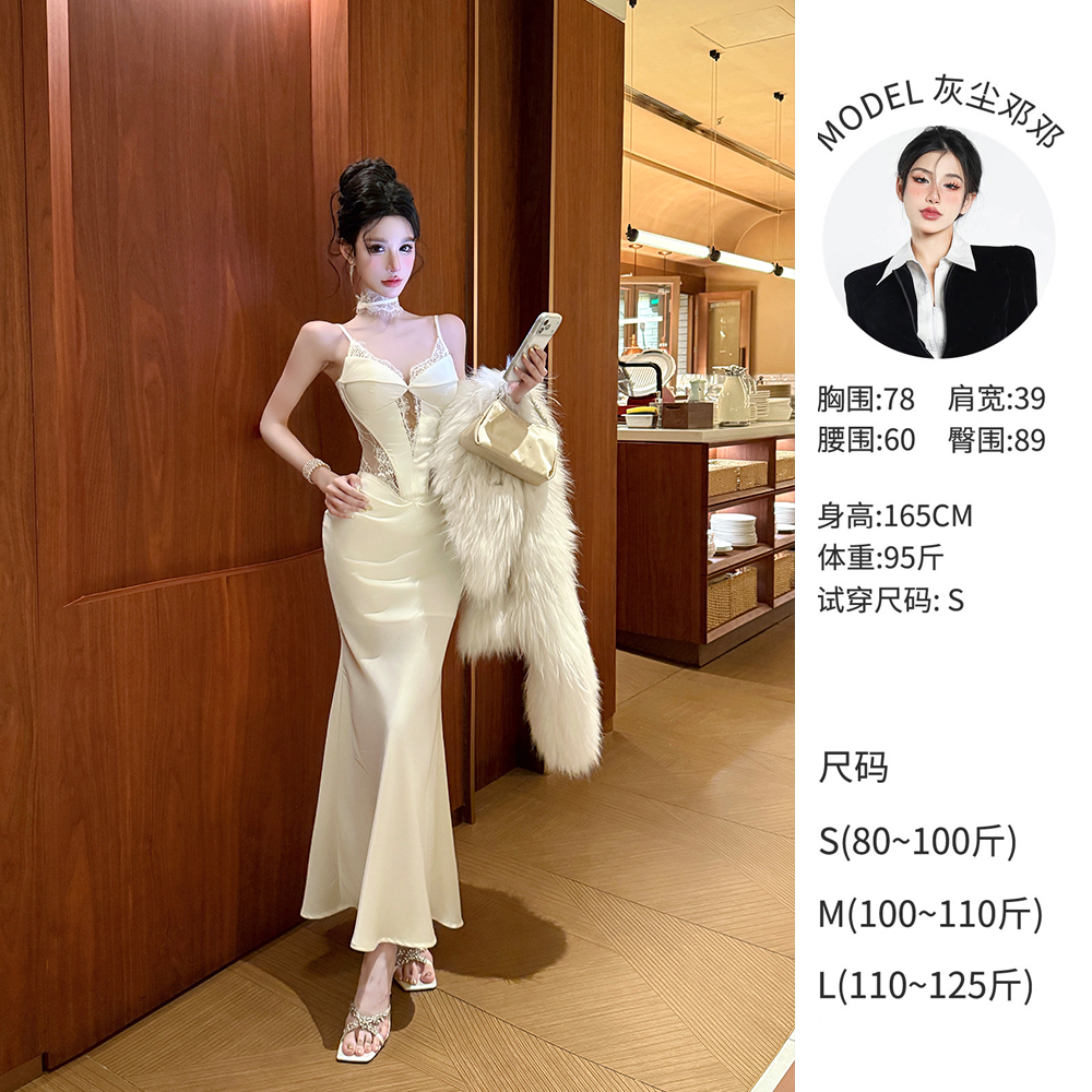 灰尘邓邓 【月光昼】法式蕾丝拼接鱼骨吊带连衣裙D25Q4288