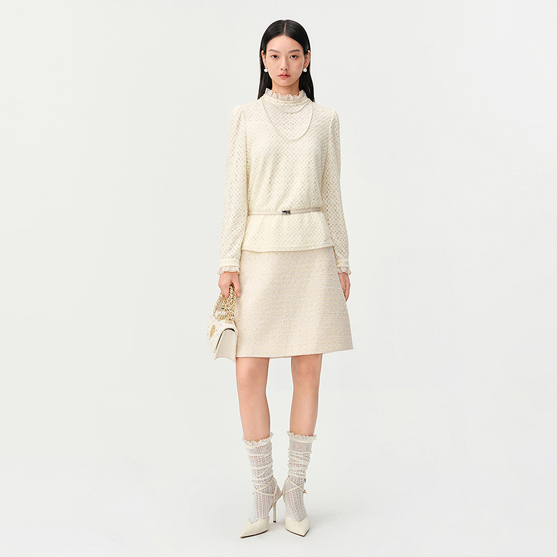 珂莱蒂尔26春法式玫瑰边小高领可内搭蕾丝打底弹力小衫KD04825R1