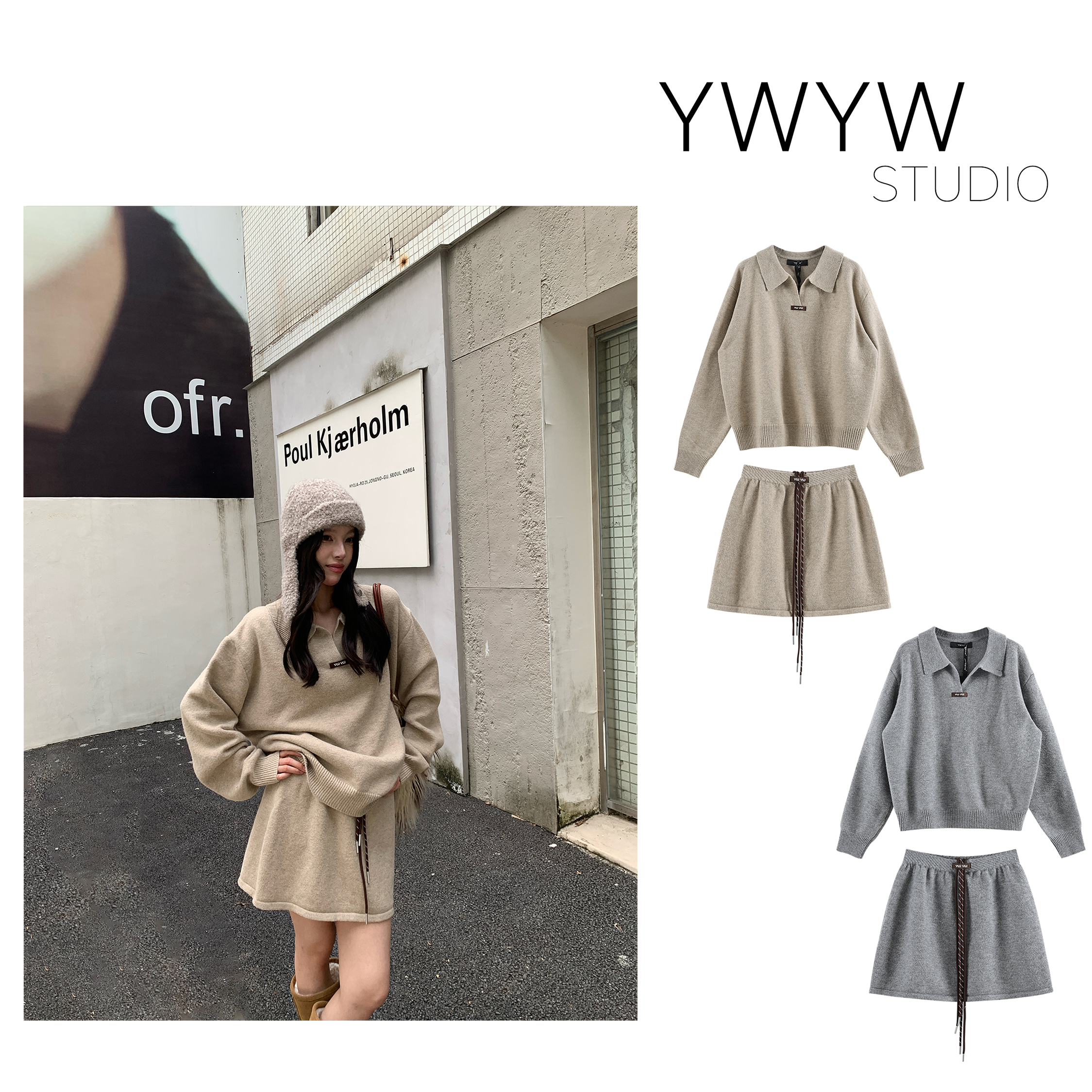 【YWYW25F/W】秋季慵懒翻领针织长袖毛衣+弹力抽绳毛织短裙套装5626