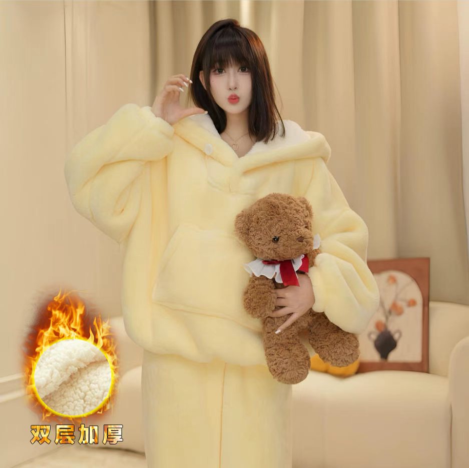 现季双层加绒加厚保暖可爱家居服休闲连帽宽松舒适居家睡衣套装