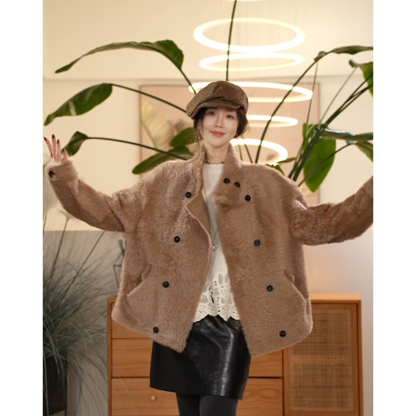 X【叭哒不惑】帅一 小拉贡羊皮毛一体立领小卷毛双排扣皮草外套