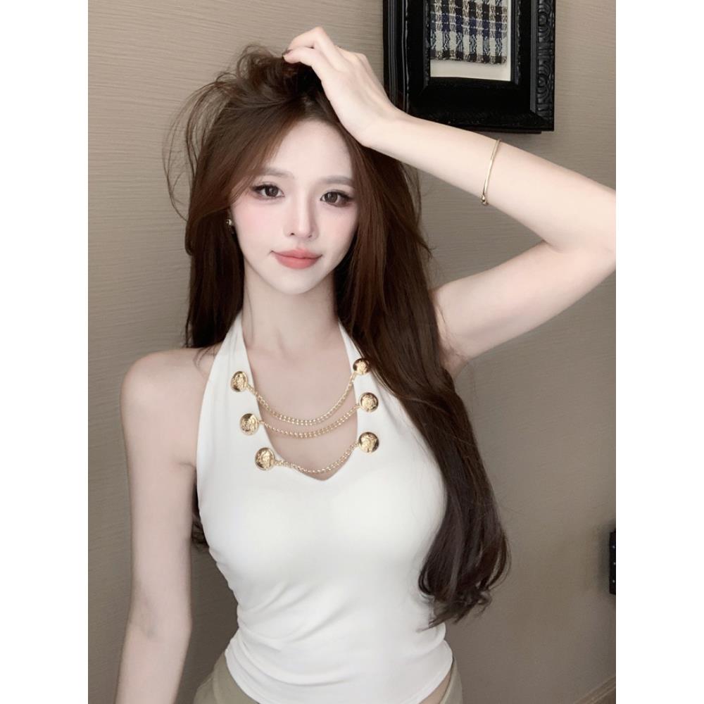 性感辣妹链条高级感挂脖吊带背心镂空露背性感内搭纽扣美背上衣潮