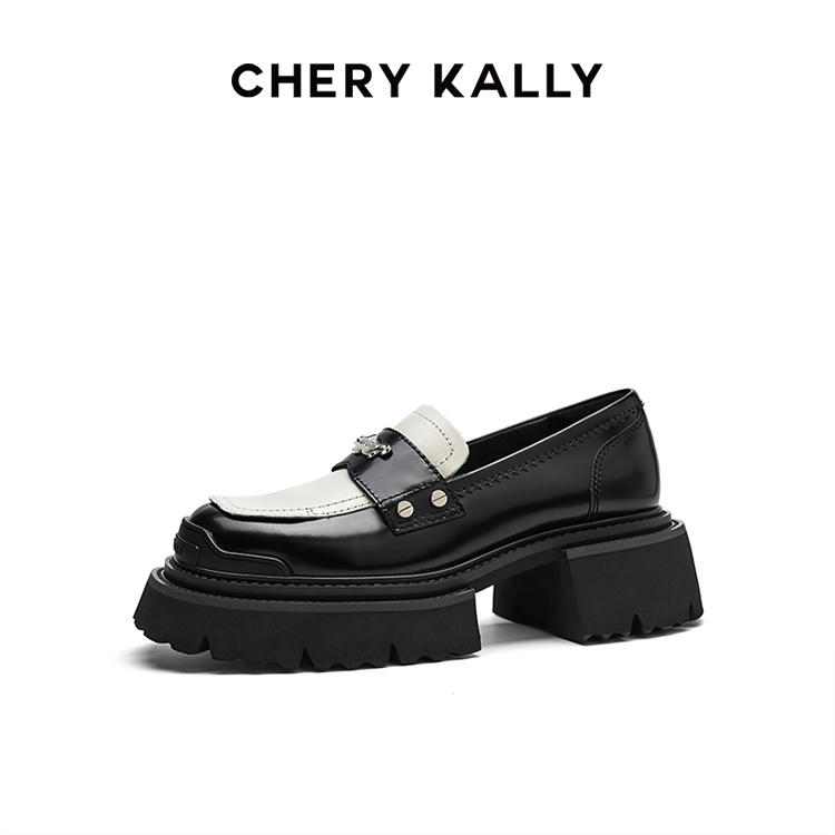 C16【冬季新款】cherykally英伦风黑色乐福鞋女款真皮厚底方头女鞋
