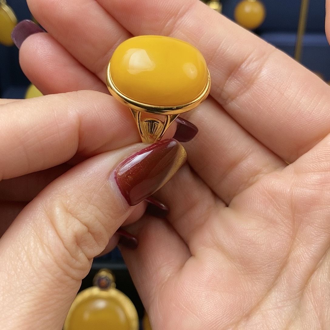 蜜蜡戒指银S925镀金镶嵌