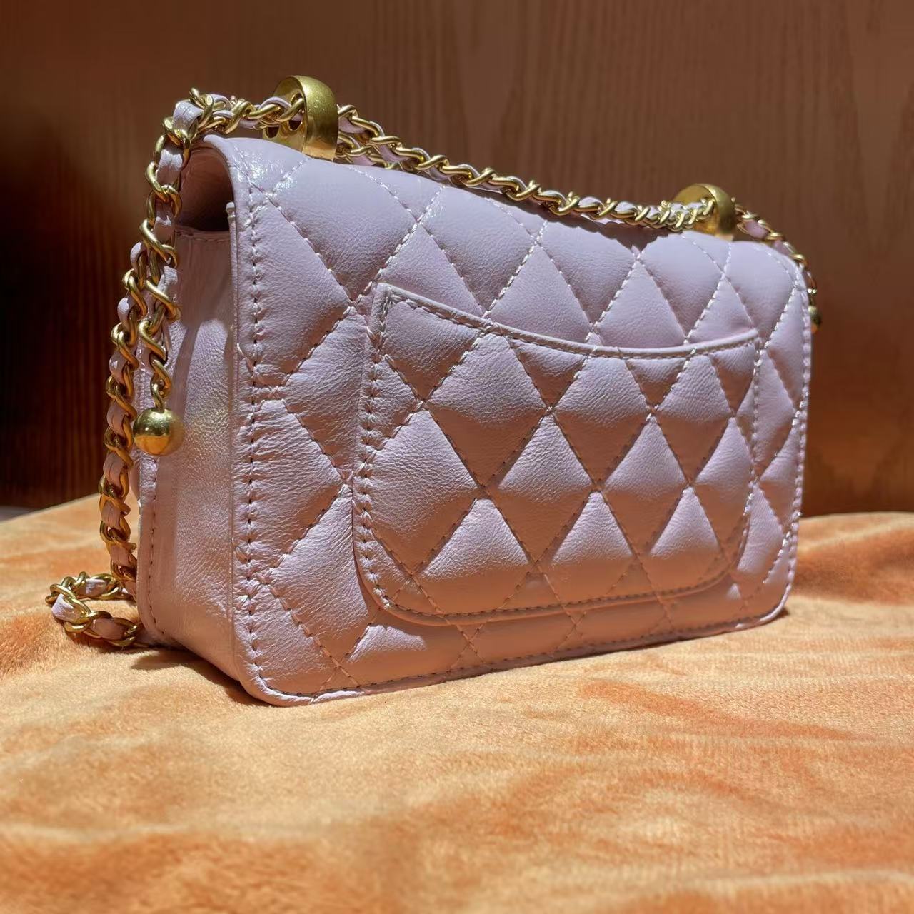 HIRMRIS手工真皮包19-551130-粉 细链球香粉色 小号