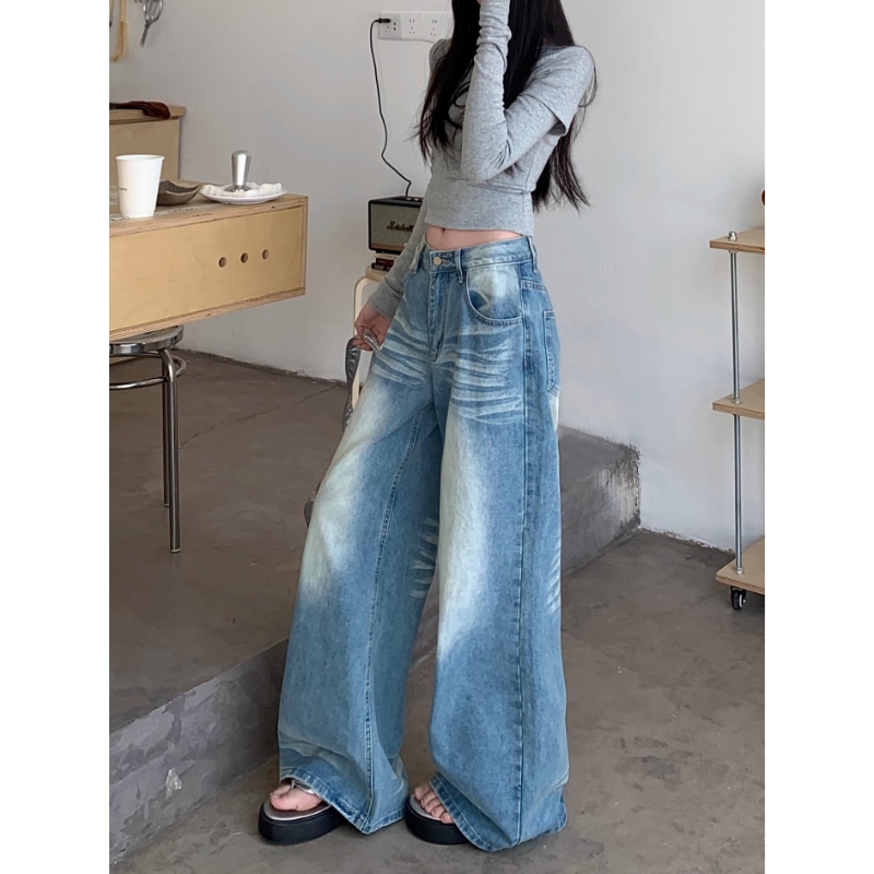 美式复古抓纹牛仔裤蓝色长裤女春季2025新款垂感百搭阔腿裤拖地裤