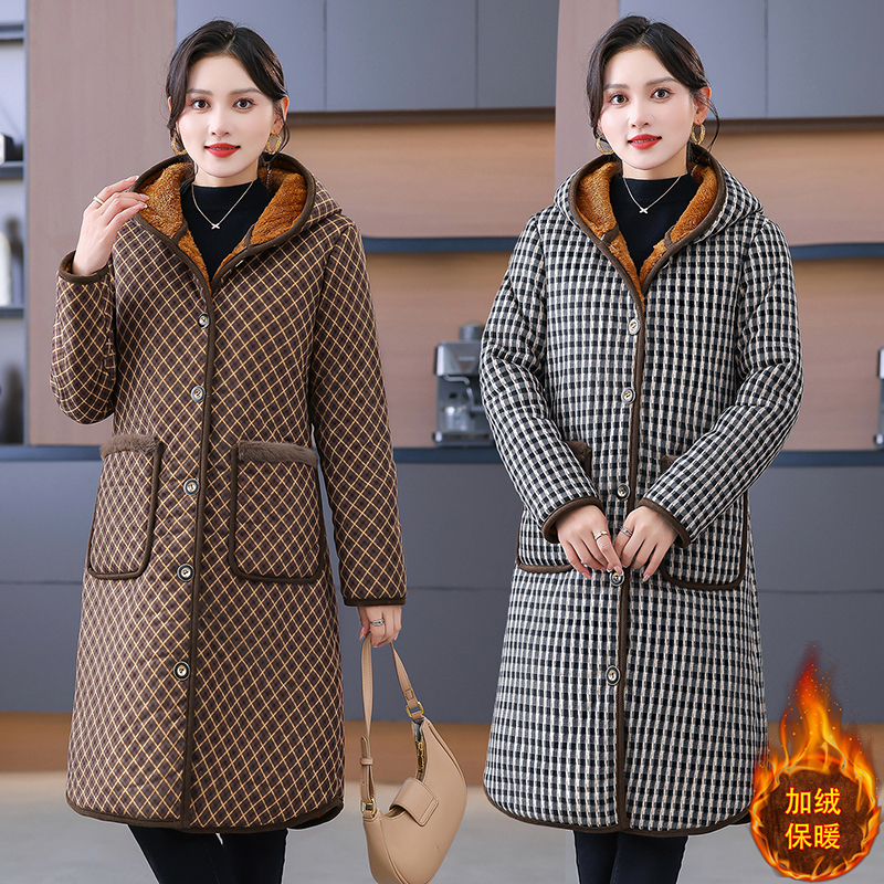 新款妈妈装冬款加绒加厚棉衣长款冬季格子中老年连帽厚棉服