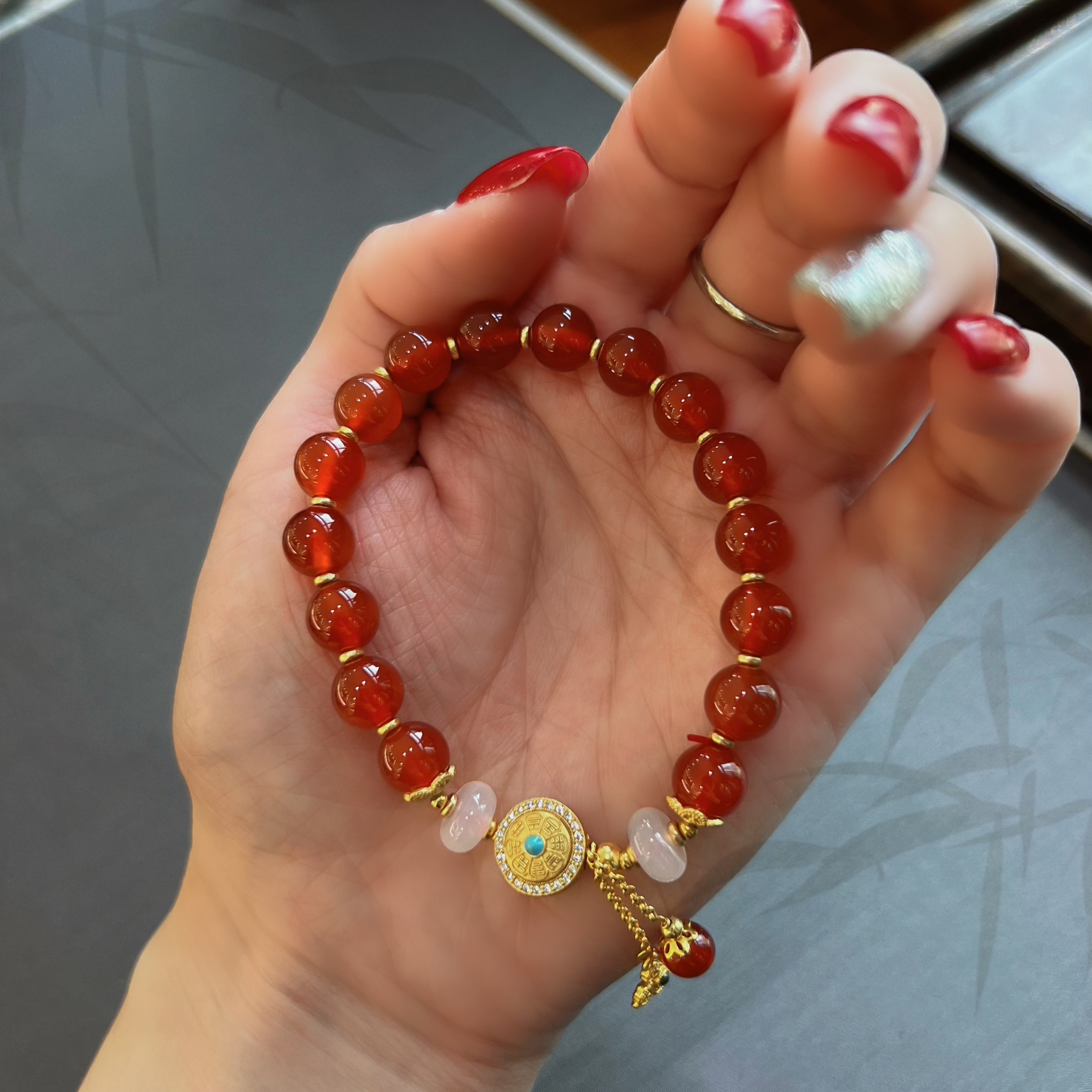 天然红玛瑙白玛瑙金刚杵罗盘直切银饰玛瑙转运手串手链