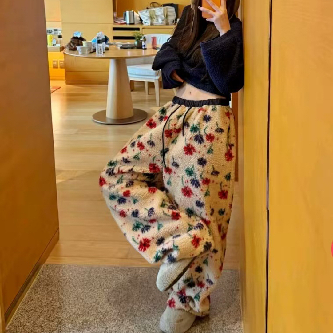 【碎花羔羔毛裤】Y韩风小碎花羔羔毛可束脚两穿裤百搭保暖直筒裤