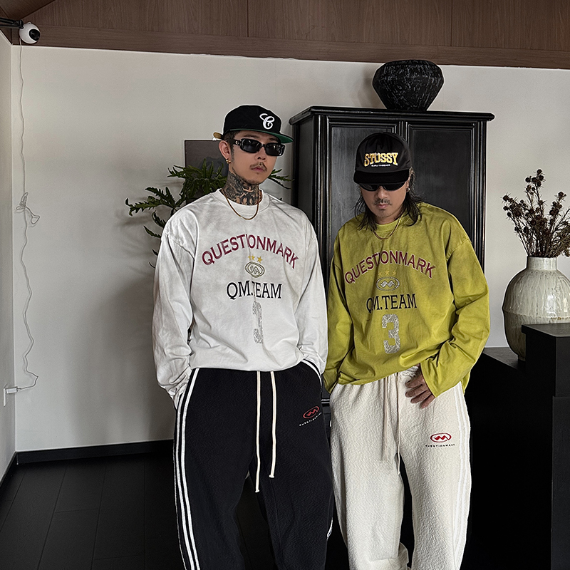 白鹤大人 水洗做旧圆领字母印花长袖T恤男秋季球衣风做脏宽松上衣