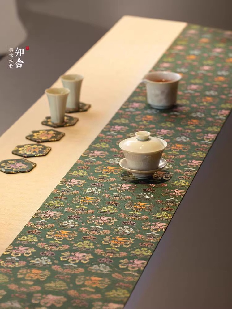 知舍瑞彩玄鸟纹织锦茶席 新中式复古