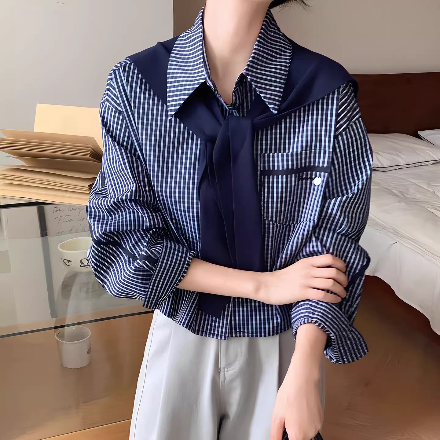 拉夏贝尔2025早秋新款百搭休闲格子衬衫女设计感衬衣披肩长袖上衣