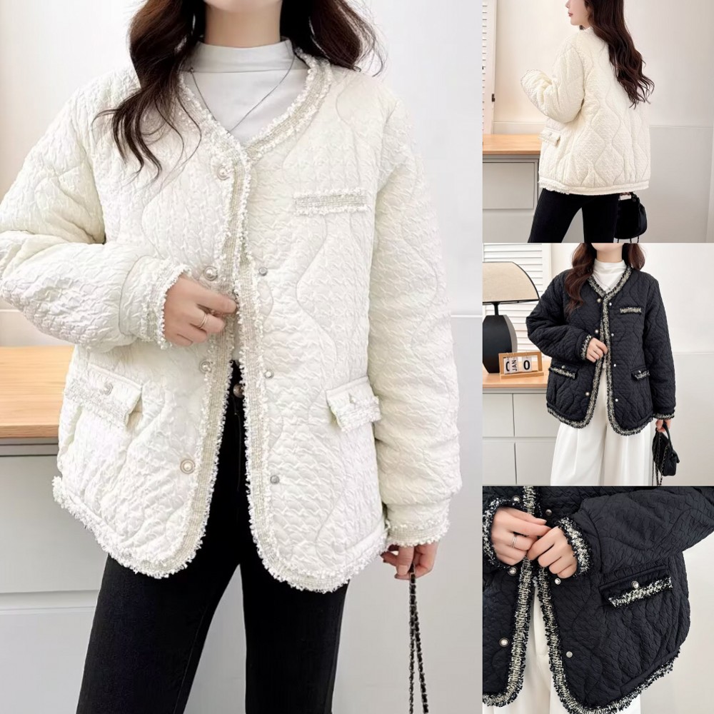 大码胖mm冬季新款洋气小香风镶边肌理感加厚棉衣保暖棉服外套898