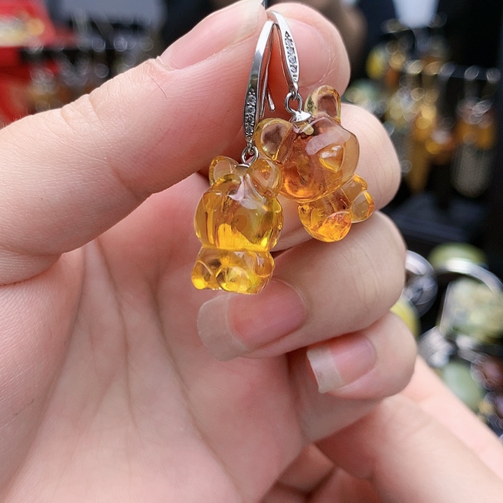 琥珀裸石银S925镶嵌耳坠