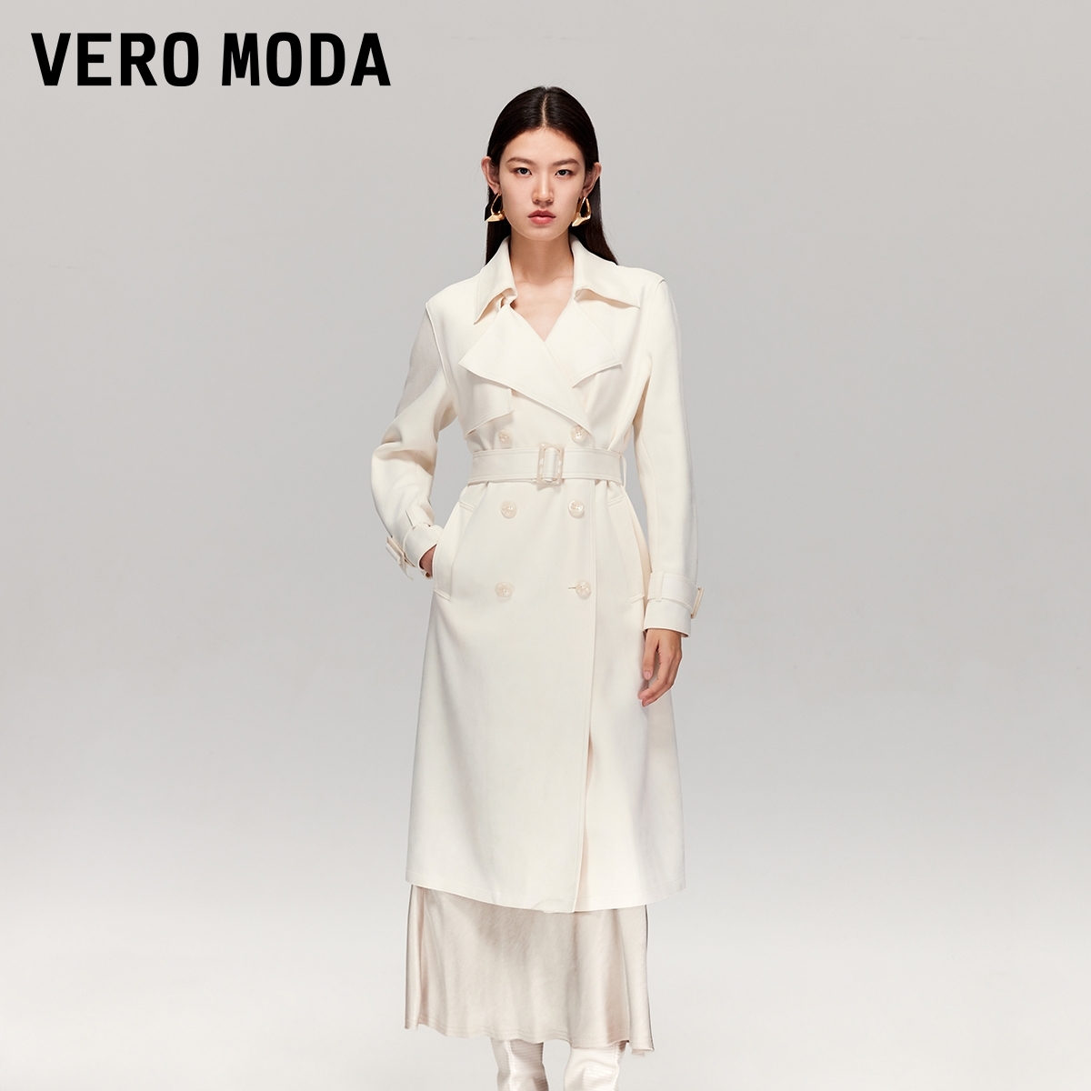 Vero Moda风衣2025秋季新款翻领腰带双排扣中长款外套325309001