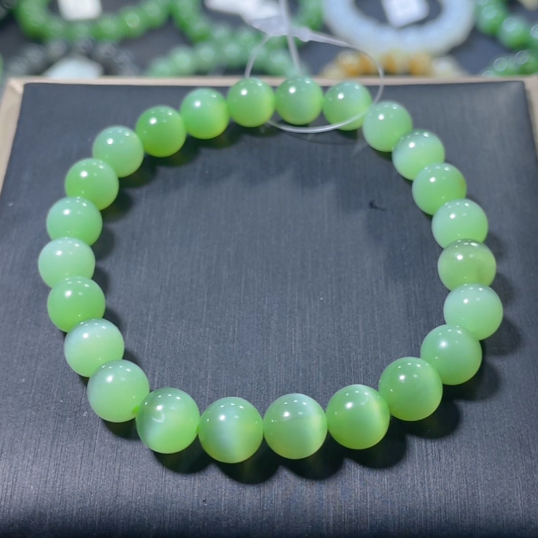 大漏！！天然和田玉俄罗斯碧玉粉青冰绿猫眼一线猫无暇手串约8mm