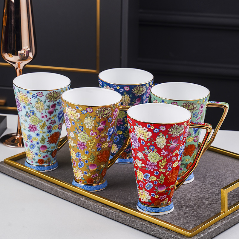万花珐琅彩马克杯家用办公室宫廷风牛奶花茶大杯子带把欧式咖啡杯