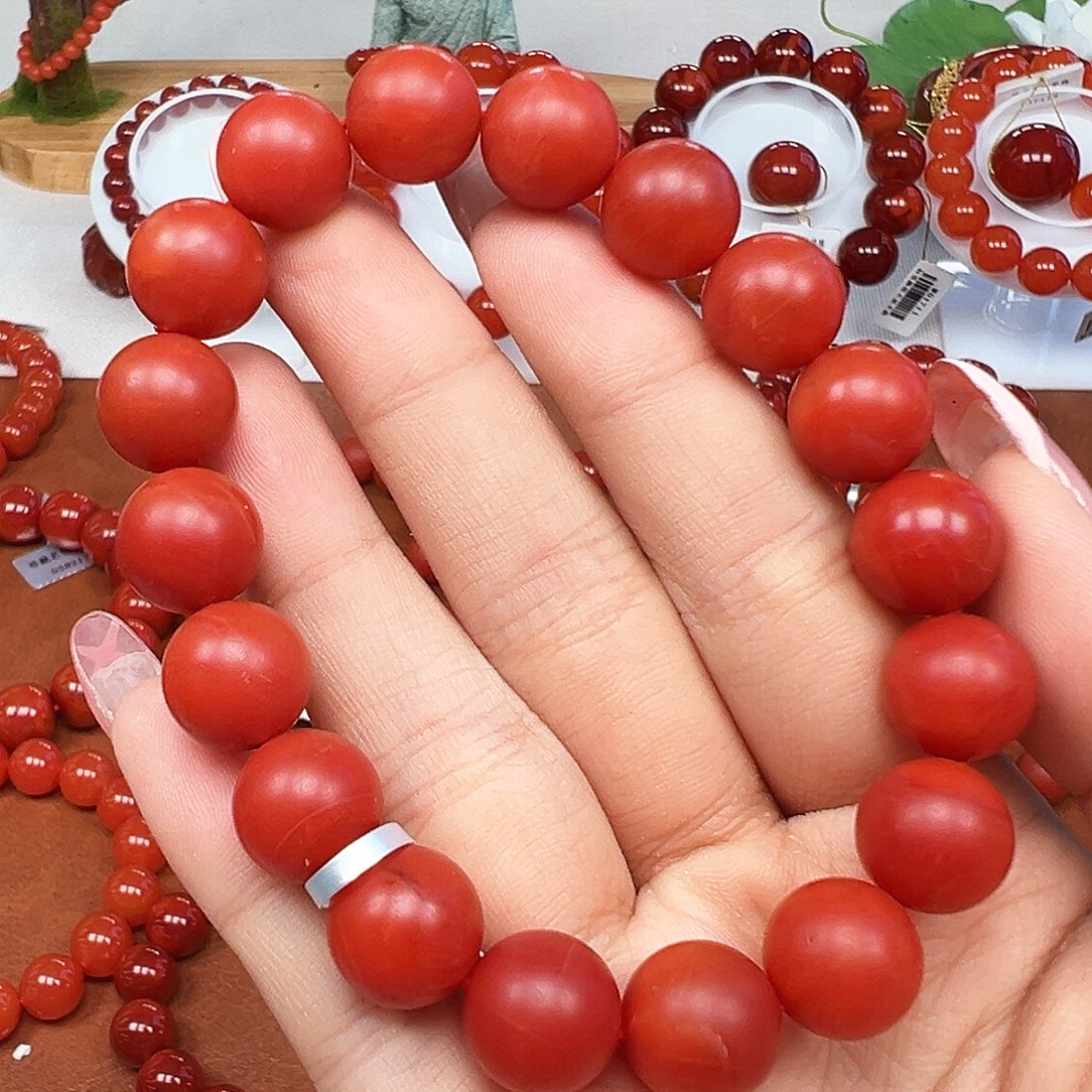 南红玛瑙未镶嵌手串精品 保山哑光锦红满肉卡11mm+