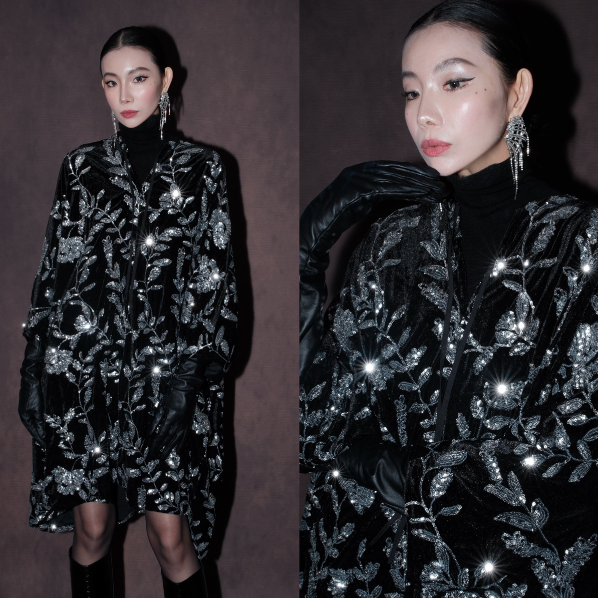 【Lady.Mao专属】重工亮片花型丝绒短款宽松短袍裙