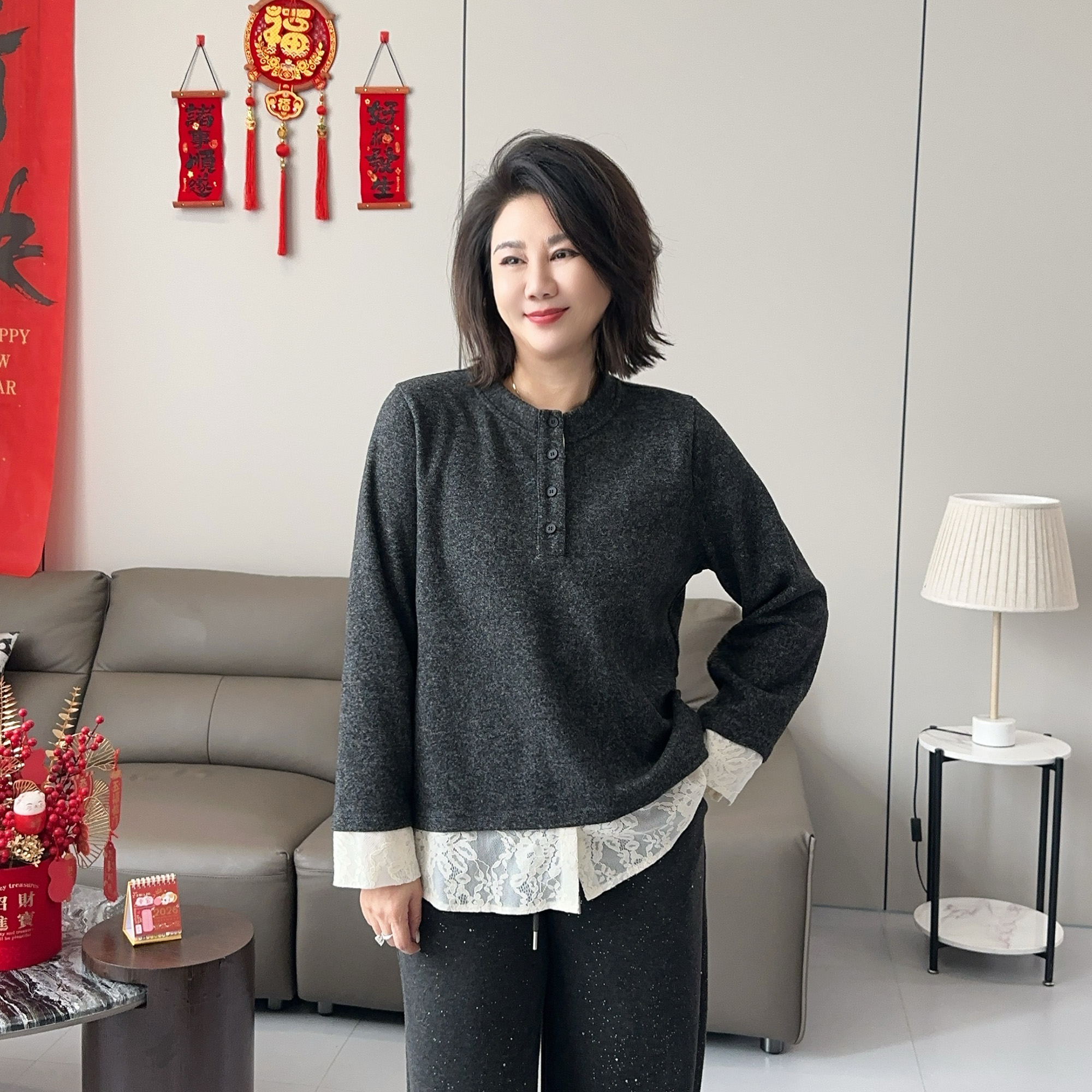 微胖女装【花蕾慕斯衫】开筒磨毛拼接蕾丝卫衣上衣秋冬加厚20882