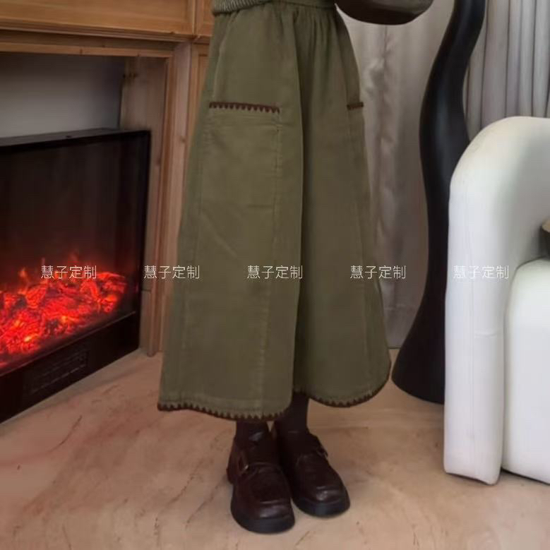 HZ“双口袋裤”秋冬厚款复古风重工锁边高腰显瘦八分阔腿裤女百搭 