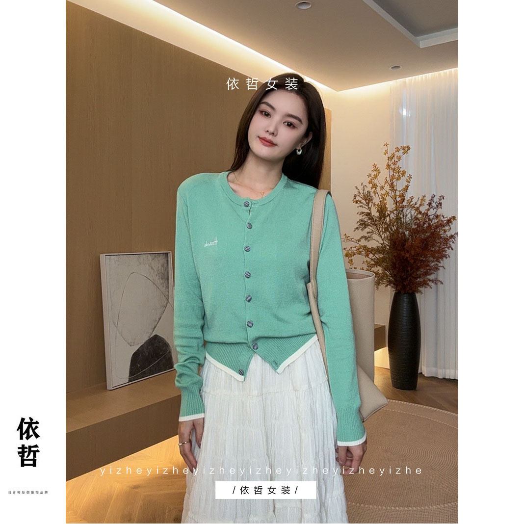 “”绿色包扣针织衫“”YJ7007女长袖针织衫春秋显瘦短款百搭外穿薄款