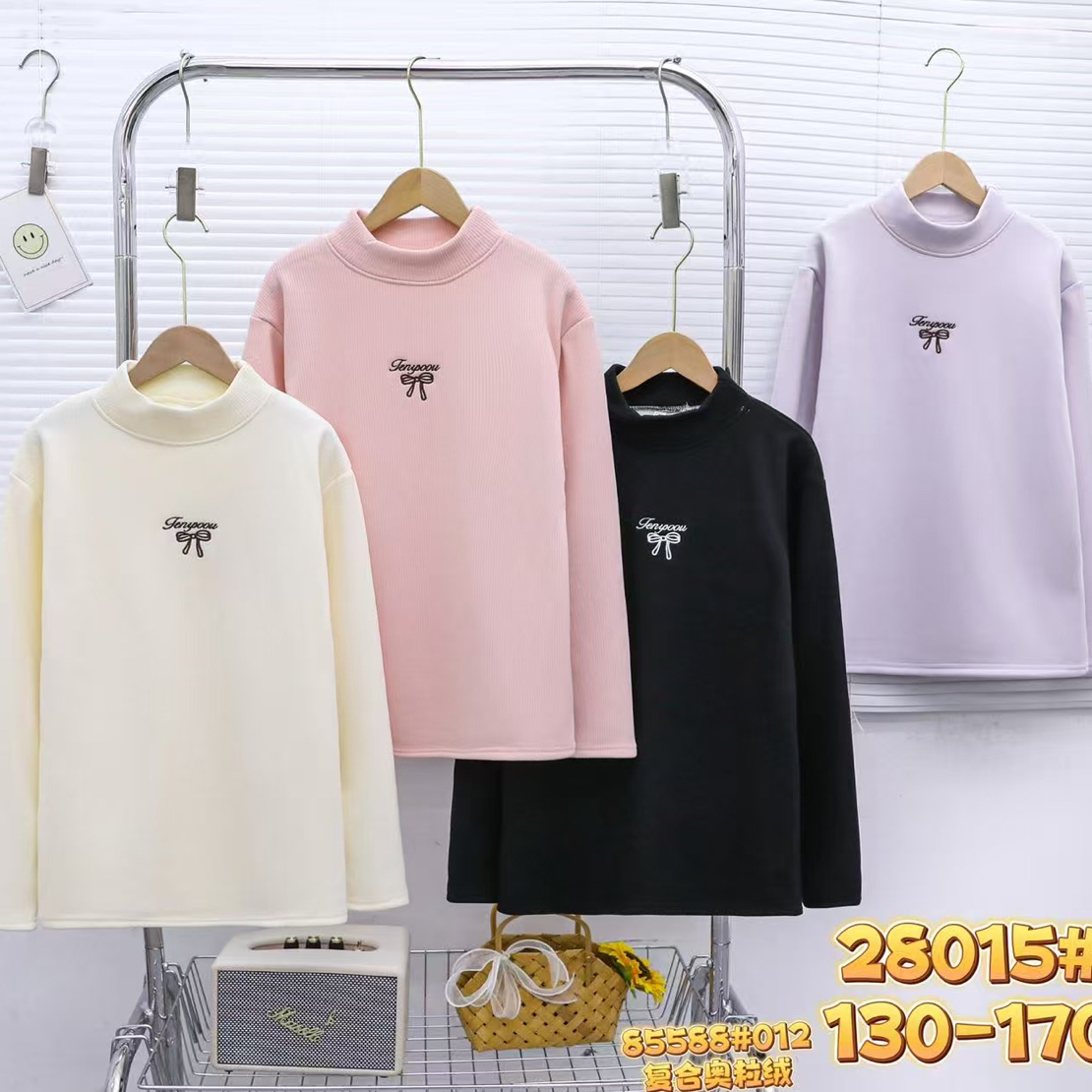 女童 蝴蝶结字母刺绣加绒打底衫