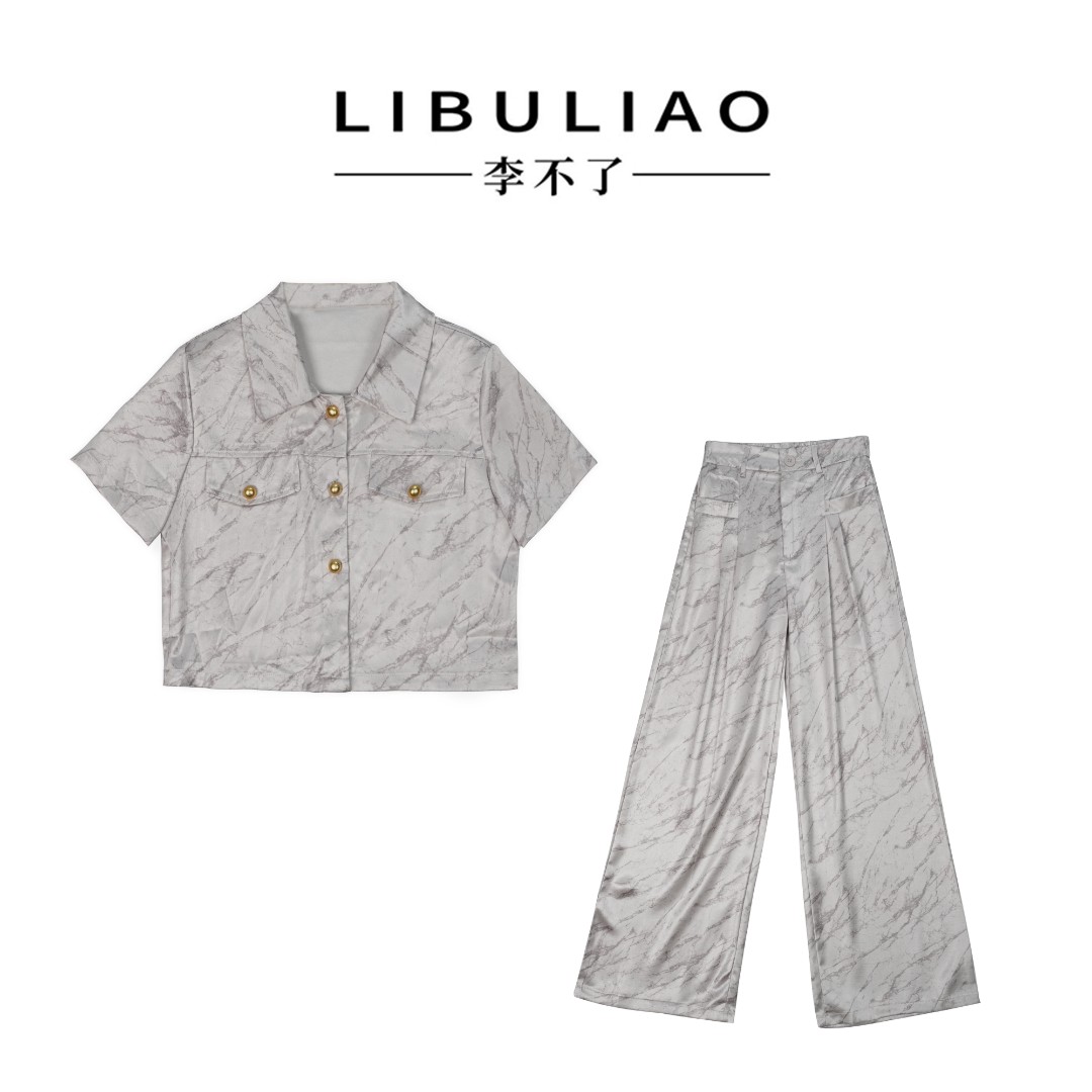 夏季薄款气质圆领短袖上衣+高腰显瘦长裤两件套装10295