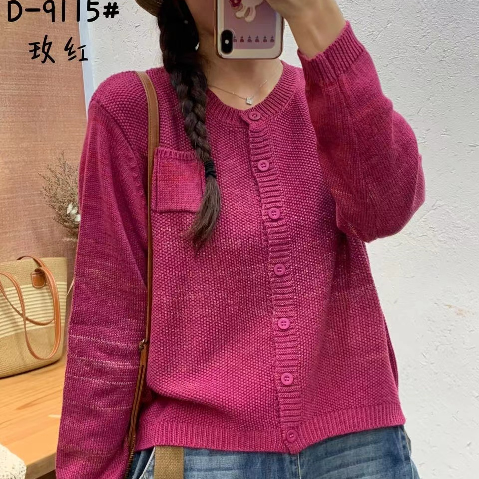 棉线炒色圆领单排扣缎彩针织开衫女文艺纯色宽松百搭长袖外套819