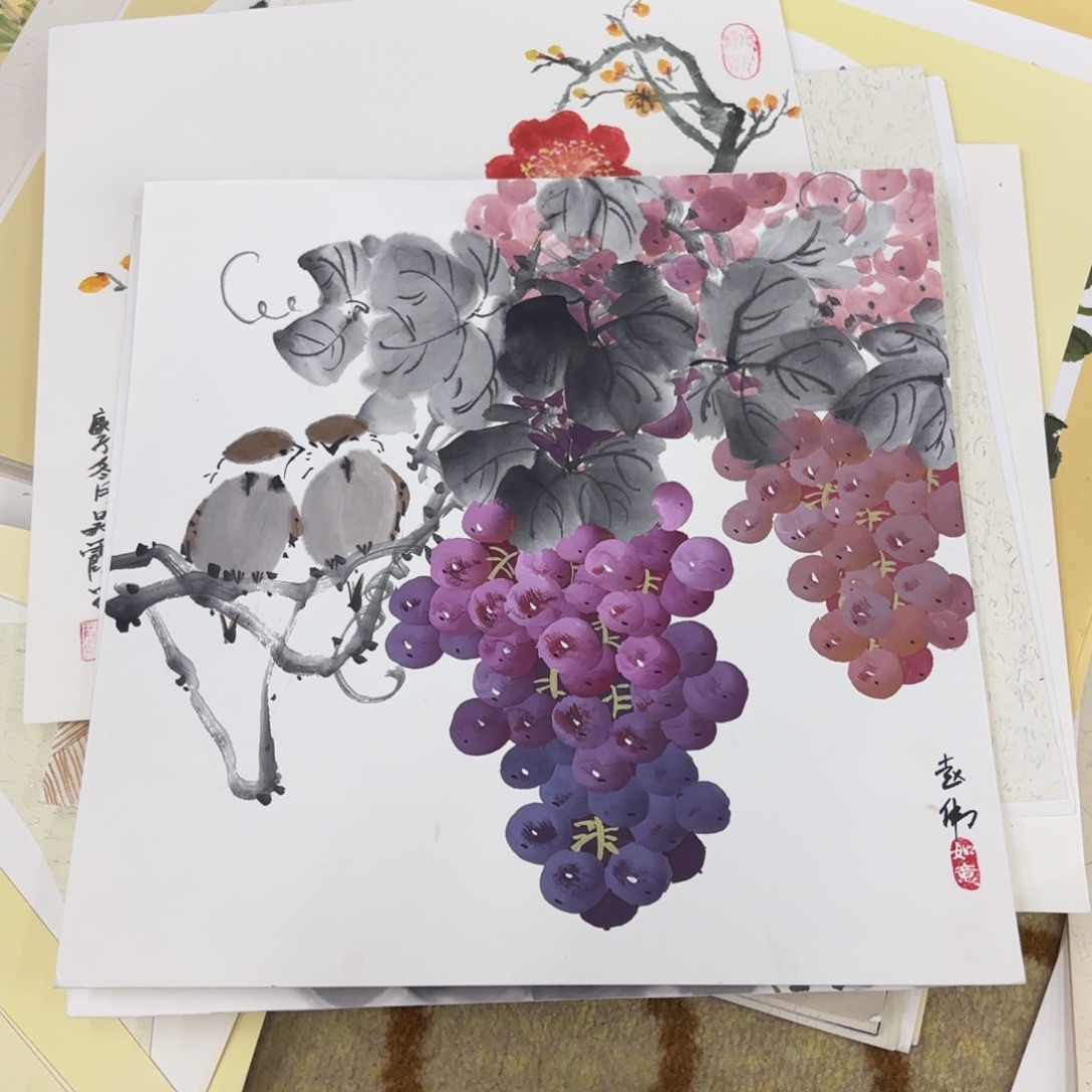 国画卡纸花鸟作品童