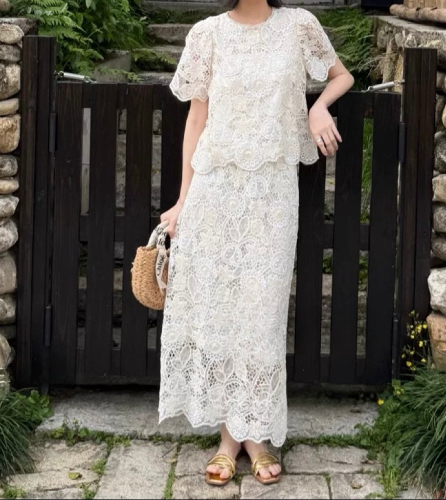 【海南简爱】蕾丝短袖上衣搭配修身半身裙高级女套装 88172