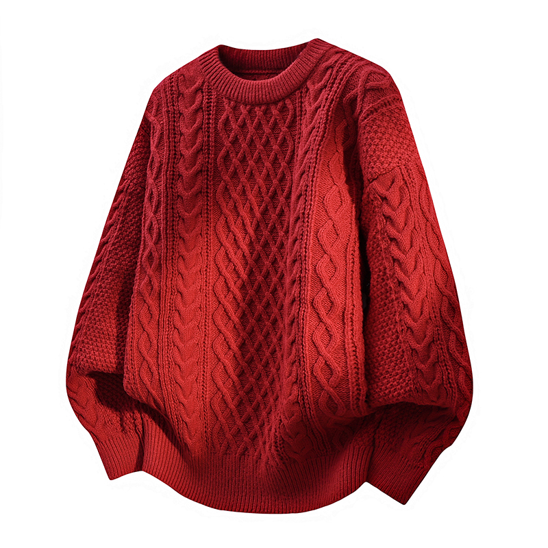 LJFTZ&针织圆领毛衣麻花男加厚保暖加绒纯色红色合体毛衣情侣外套