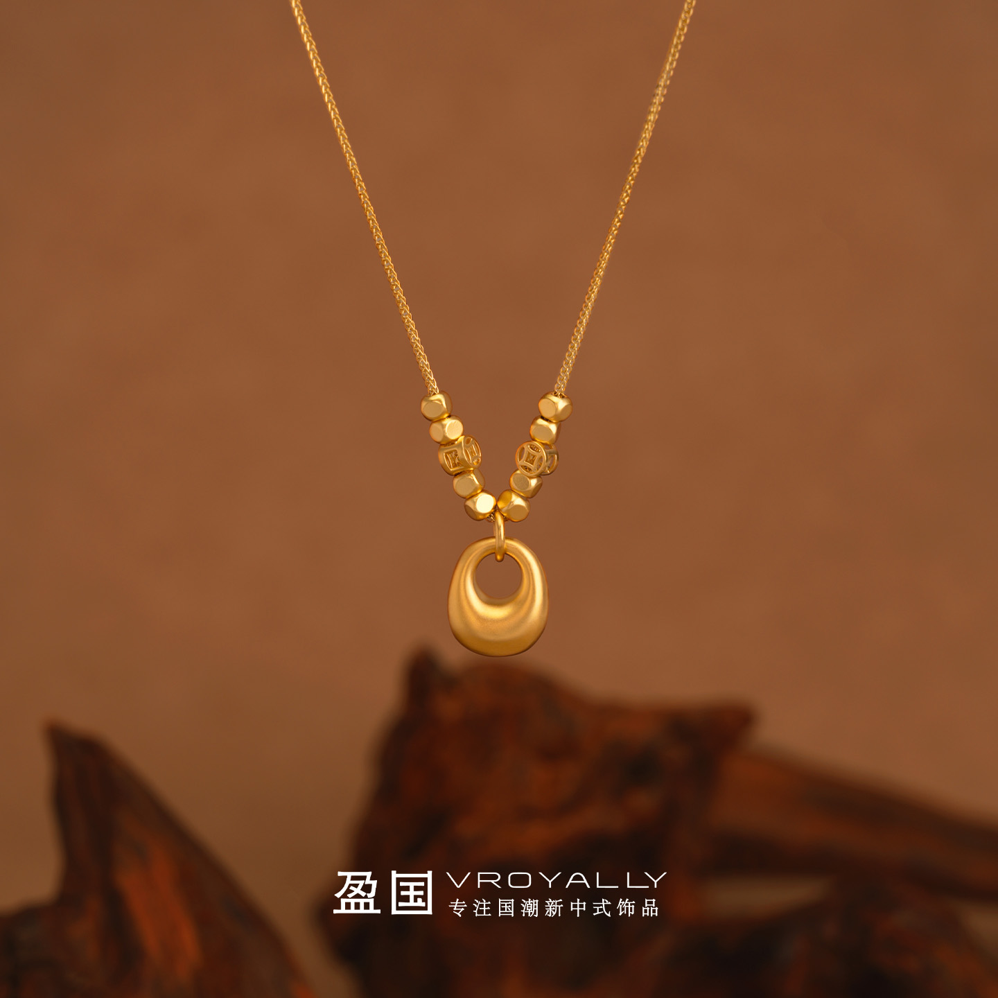 铜合金吊坠 盈国【小方糖】胖福项链古法金色坠链轻奢简约百搭