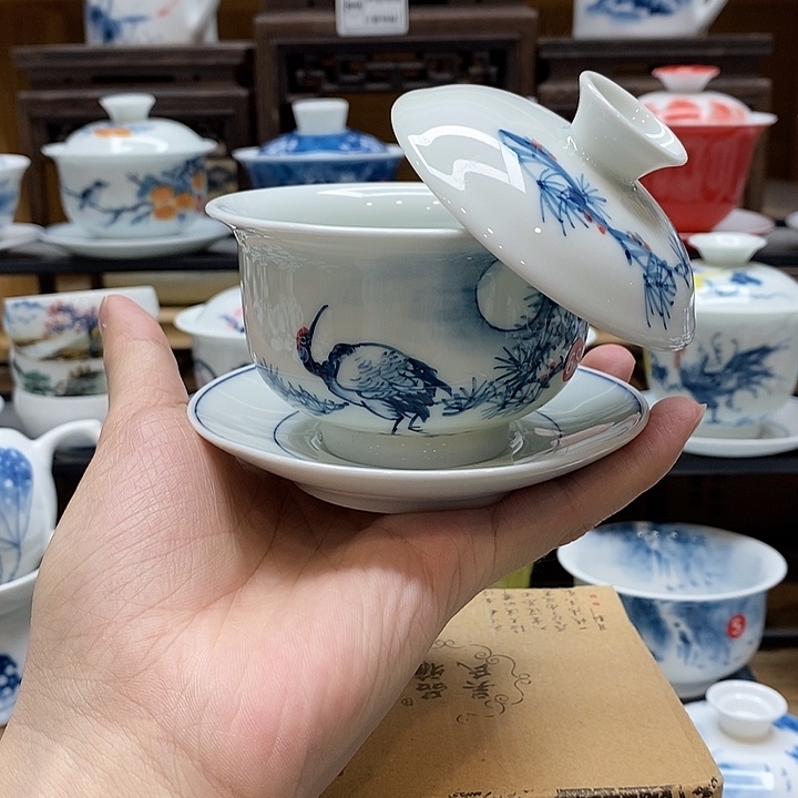 手绘松鹤延年盖碗160cc釉下彩微瑕福利款