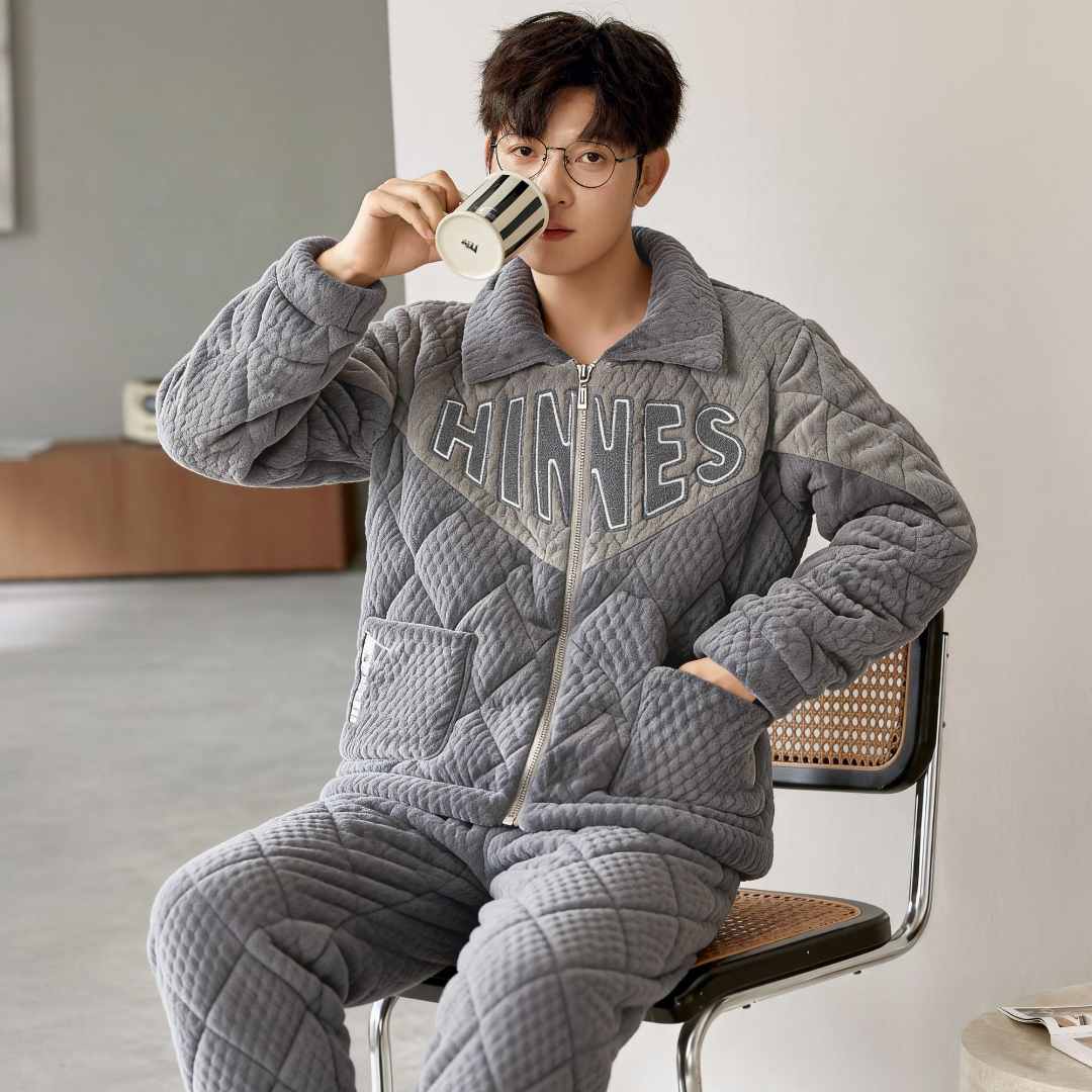 2025冬季新款三层夹棉睡衣男可外穿超厚简约保暖男士家居服套装