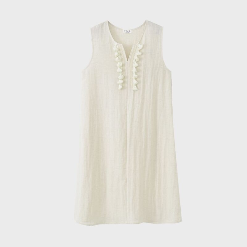 千禧丶法式小V领花边天丝亚麻连衣裙A9042