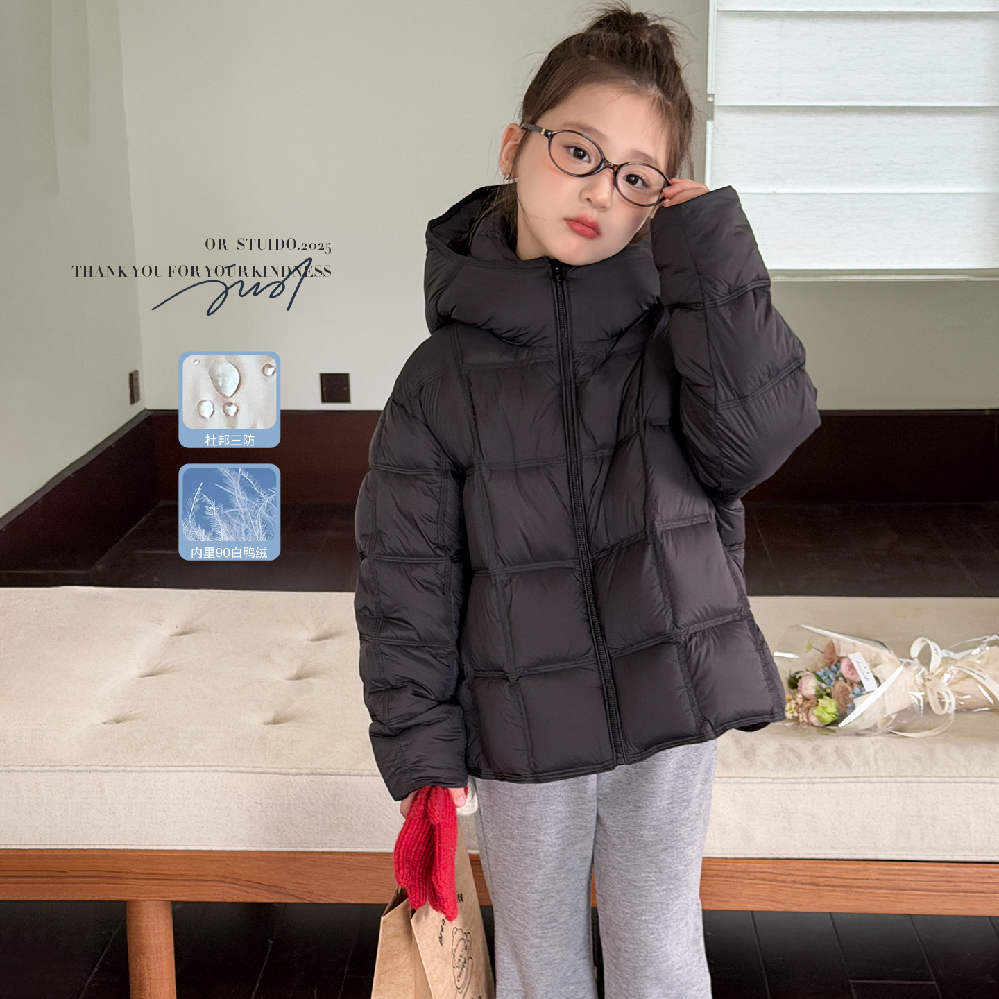 女童三防90白鸭绒羽绒服2025冬装儿童轻暖韩系中大童洋气羽绒外套