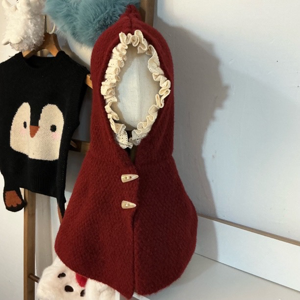 Fanybaby星星系列红色花边牛角扣针织披肩斗篷帽复古保暖防风套头