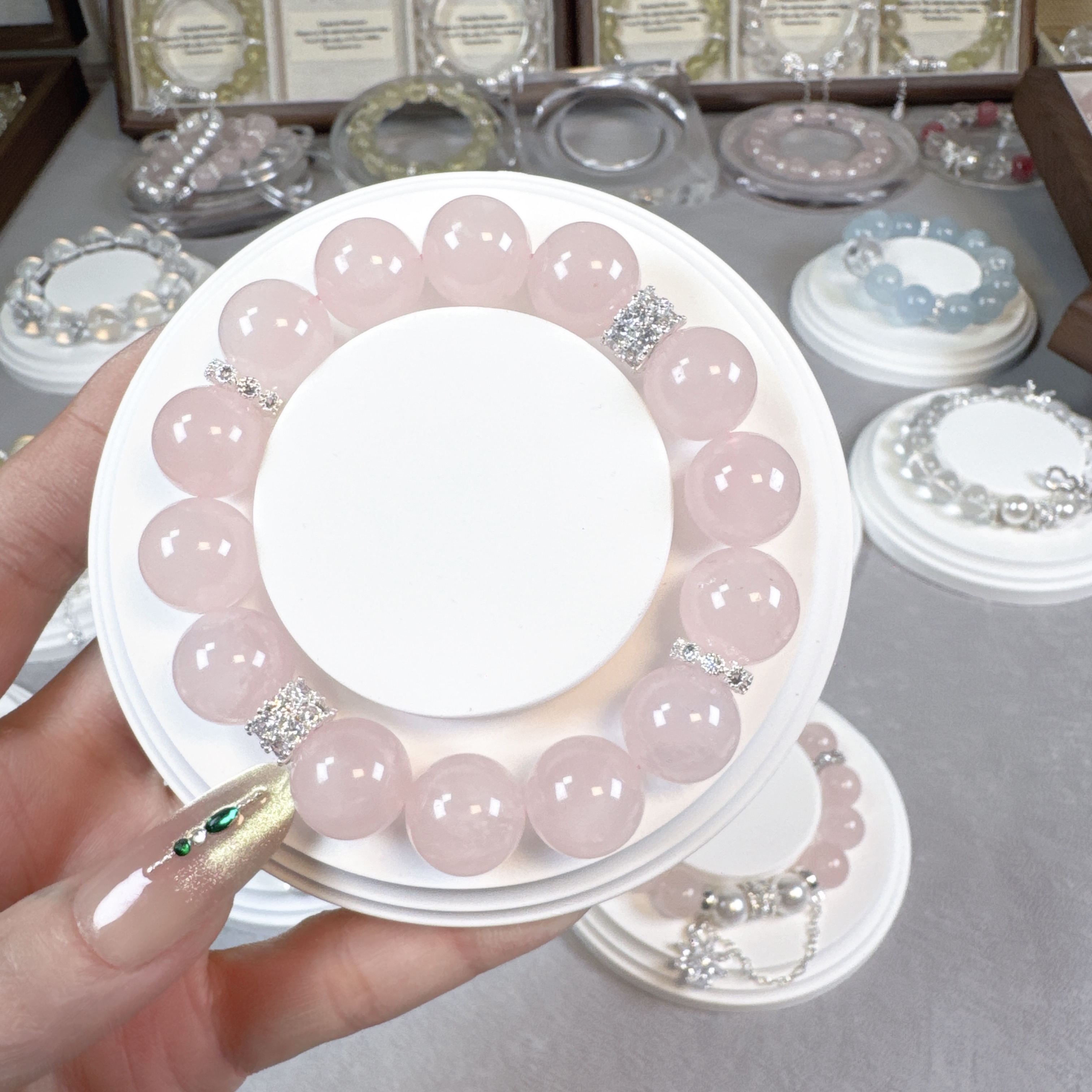 温柔气质百搭西柚粉天然水晶手串卡13+锆石隔片精致小众满分礼物