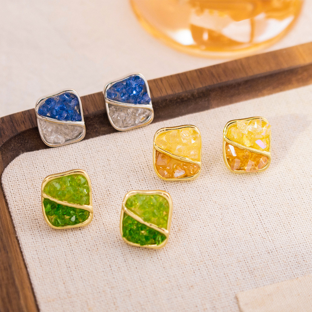 铜合金仿水晶耳饰 柒桉气质小清新撞色几何果冻耳钉法式简约百搭