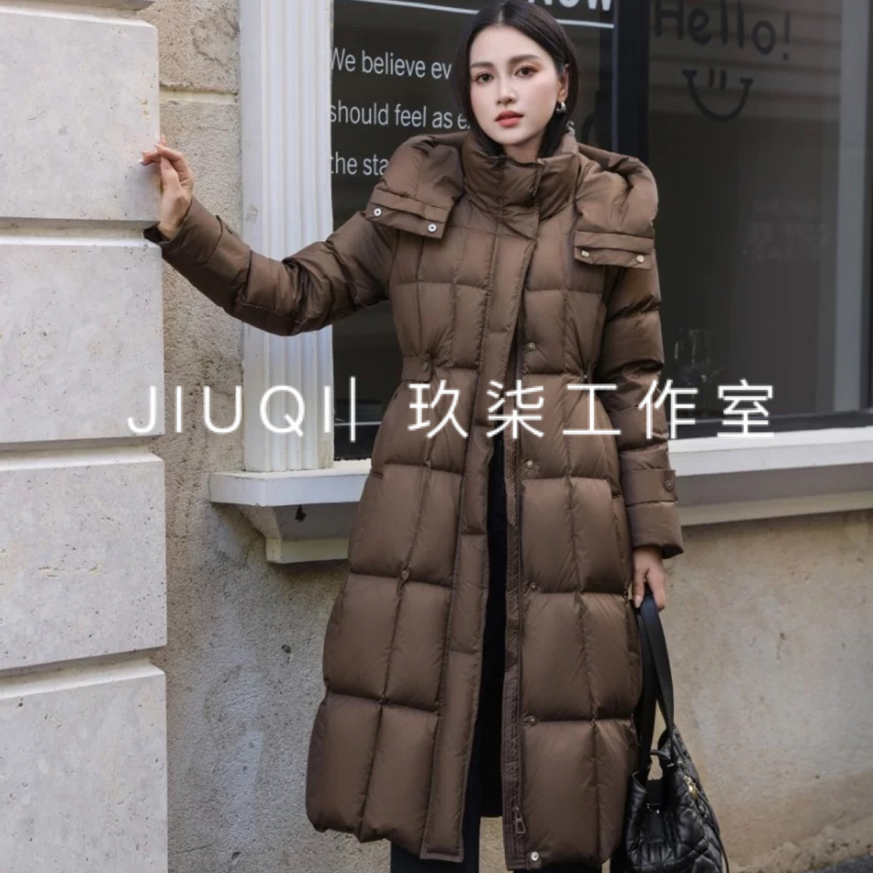 【JIUQI】冬季新款长款白鸭绒填充加厚保暖立领连帽外套