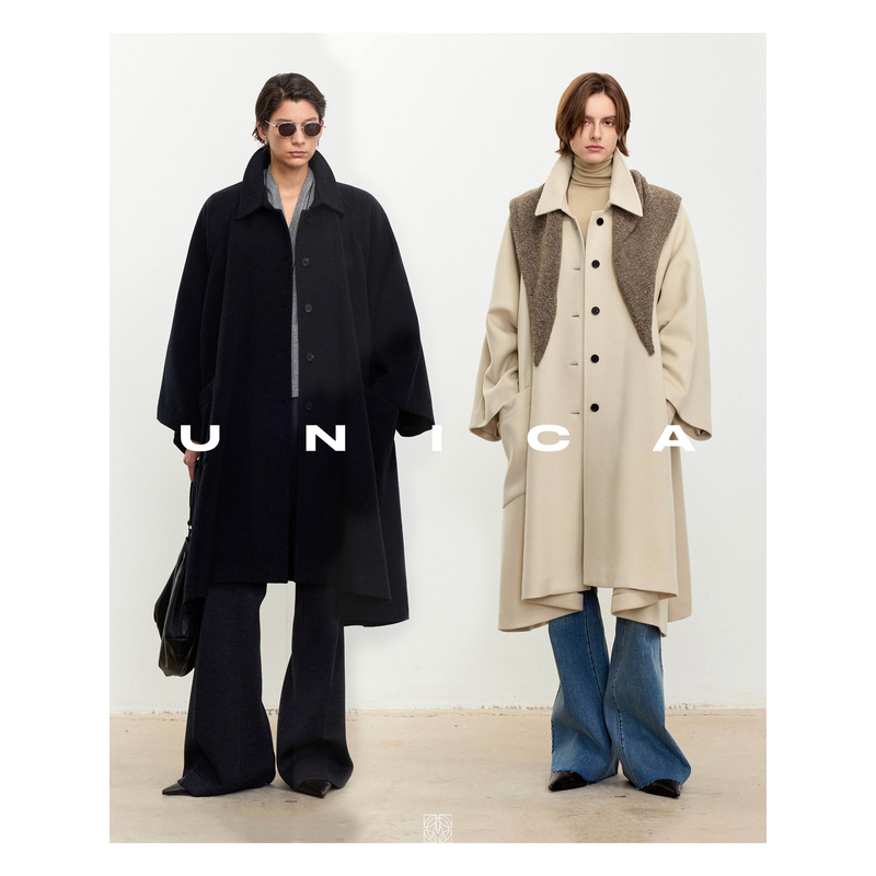 UNICA/90s复古R0W风大A摆廓形_翻领羊绒羊毛大衣外套